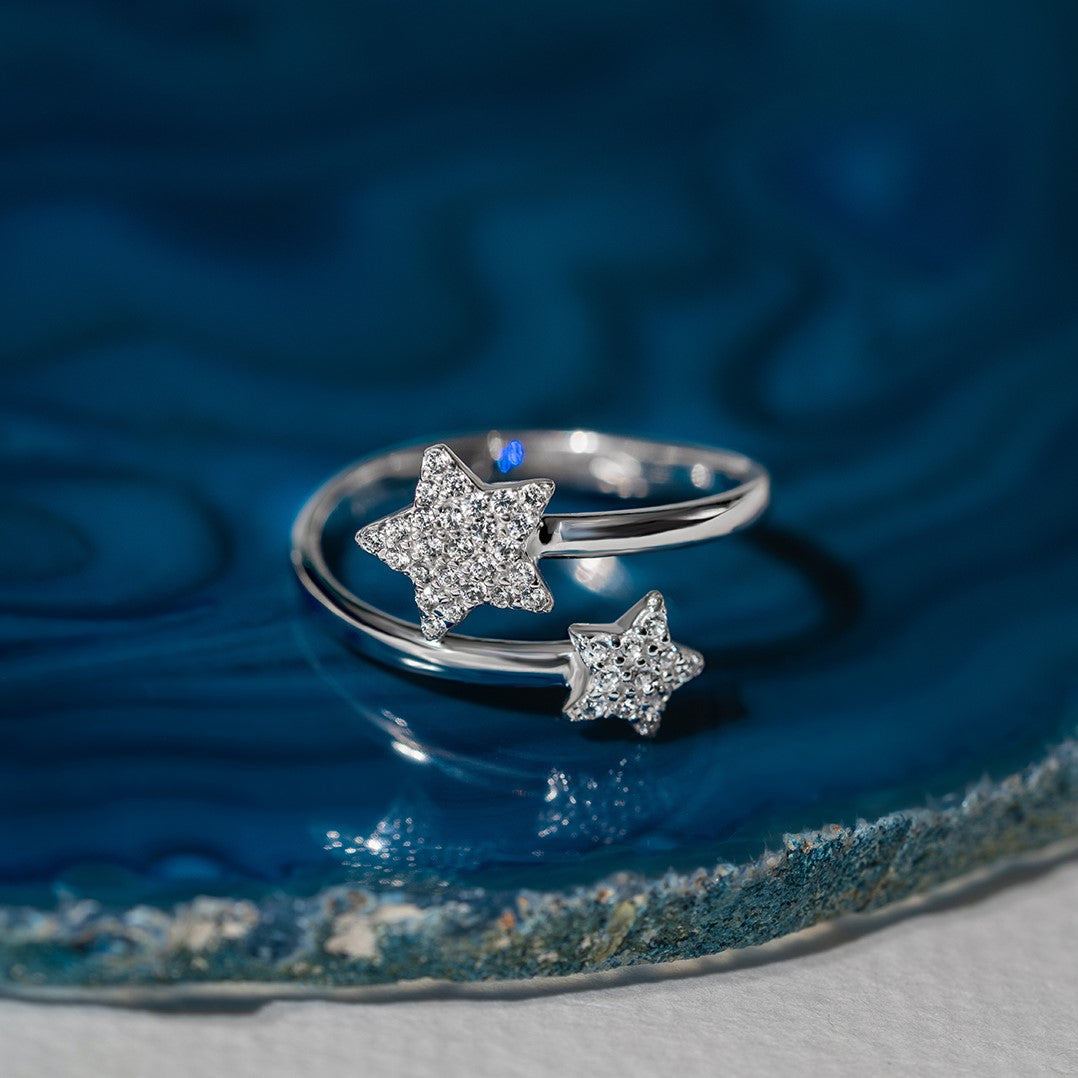 Ring 2 Stars 18K white gold pavé with zircons