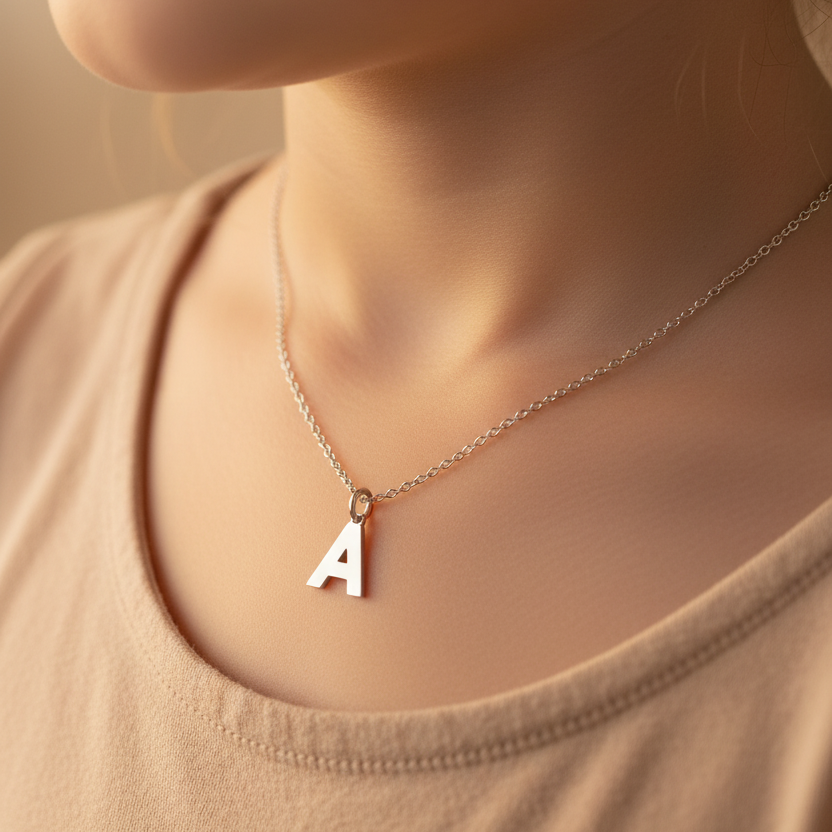 Child wearing alphabet pendant