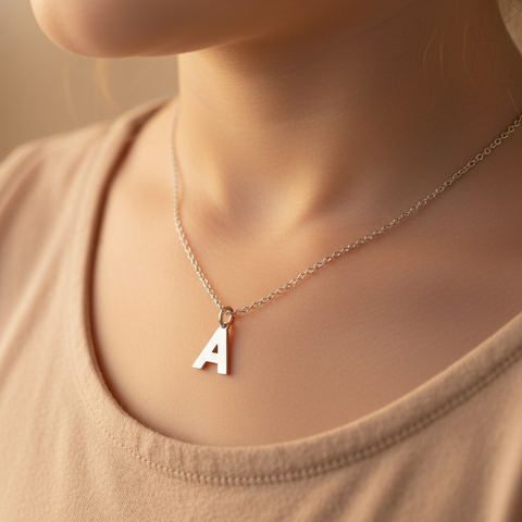 Child wearing alphabet pendant