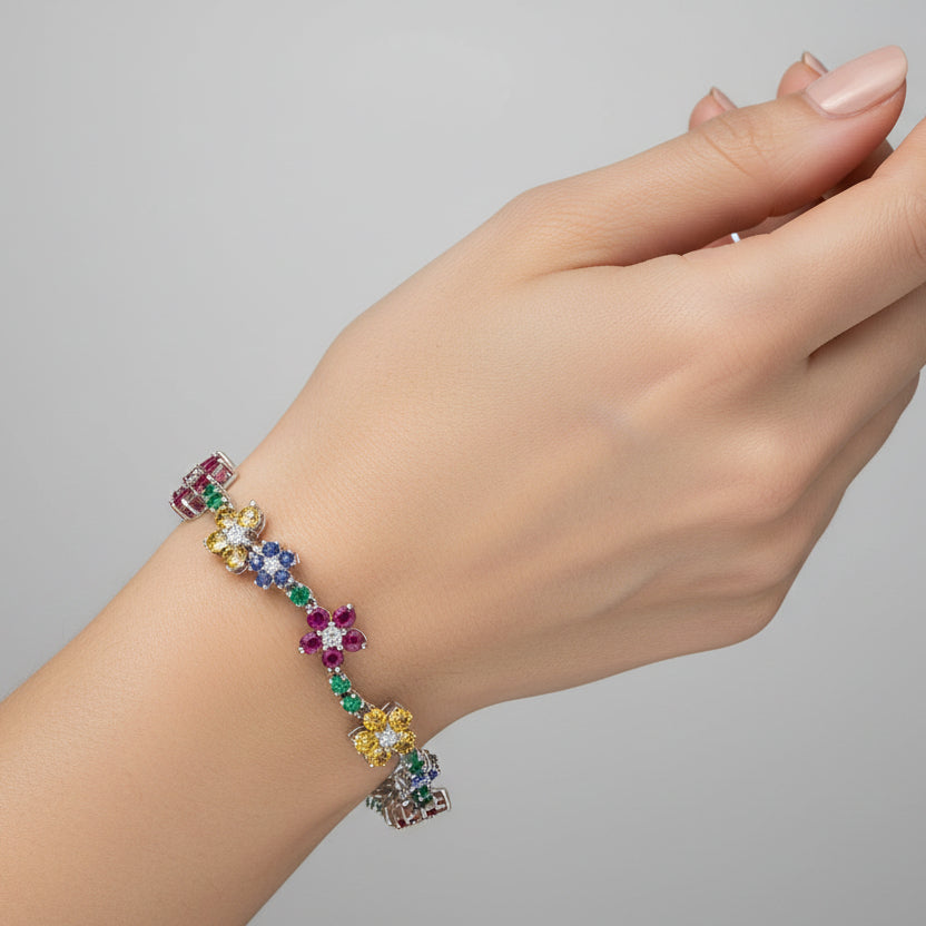 Brățară Floari multicolore cu diamante, safire, rubine si smaralde din aur alb de 18k
