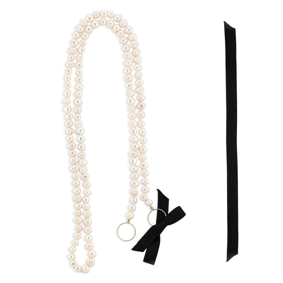 Colier din perle albe cultura si aur galben de 14k lungime 91 cm reglabil cu funda