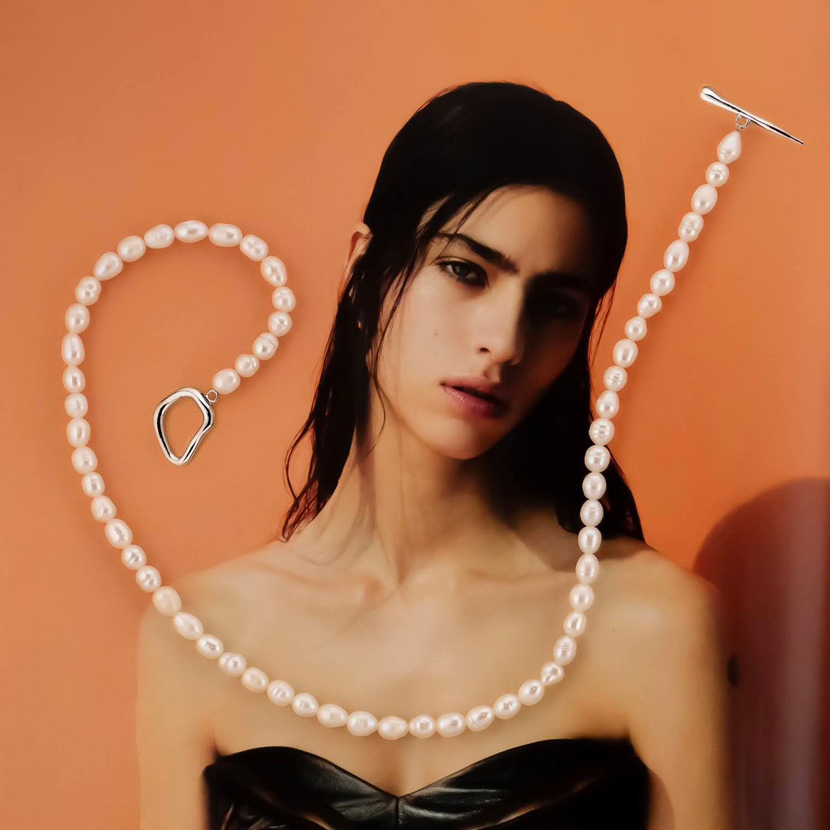 Midi cultured gray pearl necklace, 14k white gold - 38cm