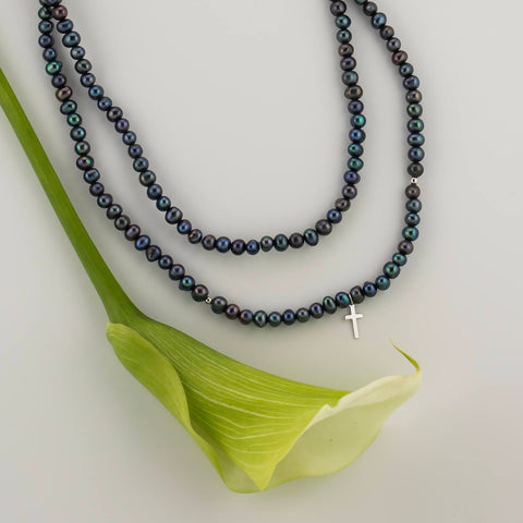 Midi cultured gray pearl necklace, 14k white gold - 38cm