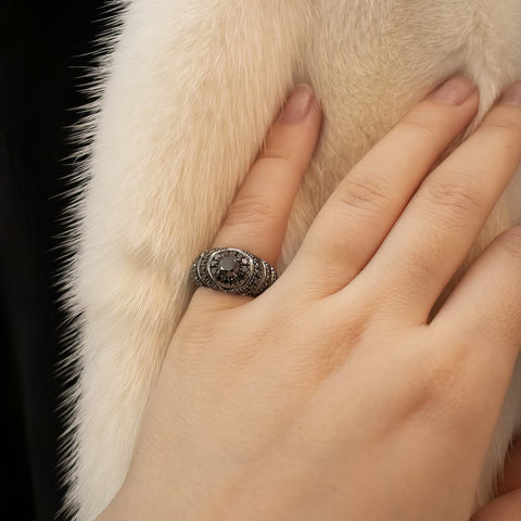 Inel Pinky ArtDeco cu diamante negre 2.36 ct din aur alb de 18k rodiat