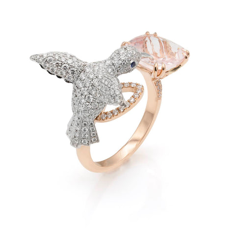 Inel Colibri cu Morganit 2.30ct si diamante 1.49ct din aur roz de 18k
