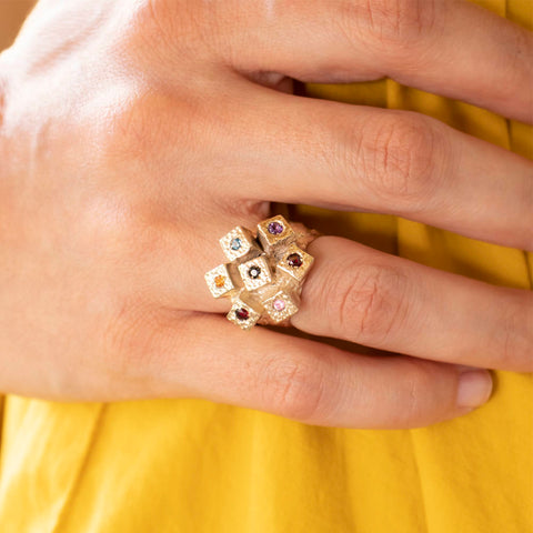 Coral ring Silver 925 with semi-precious stones