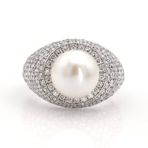 Inel signet cu perla si 2.02ct diamante din aur alb 18k