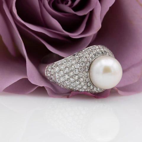 Inel signet cu perla si 2.02ct diamante din aur alb 18k