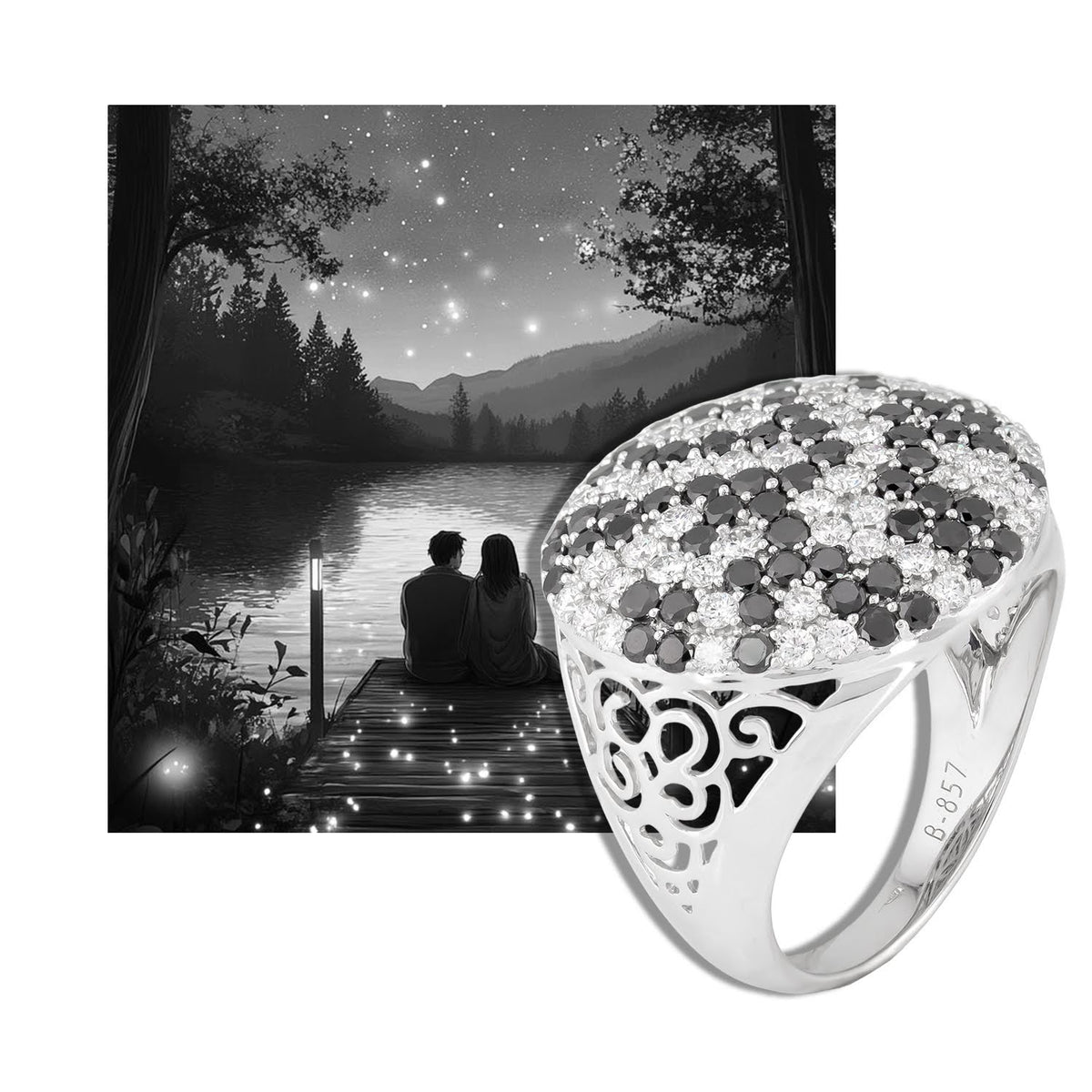 Inel cu diamante albe si negre 1.95ct din aur alb de 18k