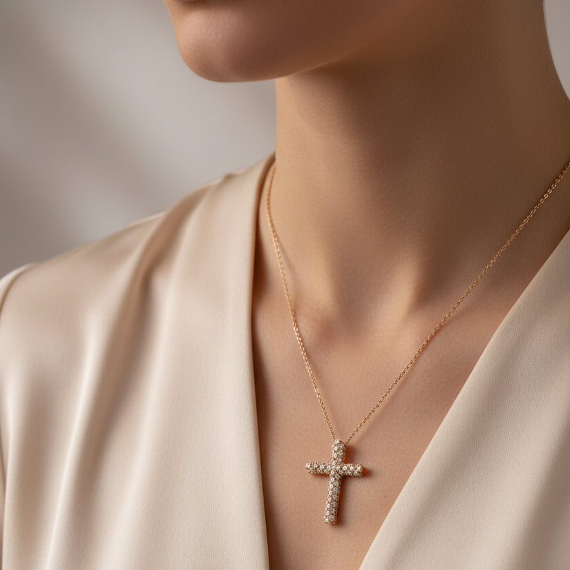 Cruce din aur roz de 18k cu diamante albe 0.75ct