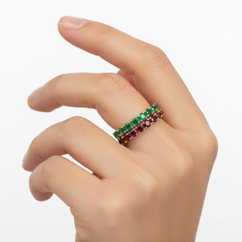 Set inele Eternity cu rubine si smaralde de 18k