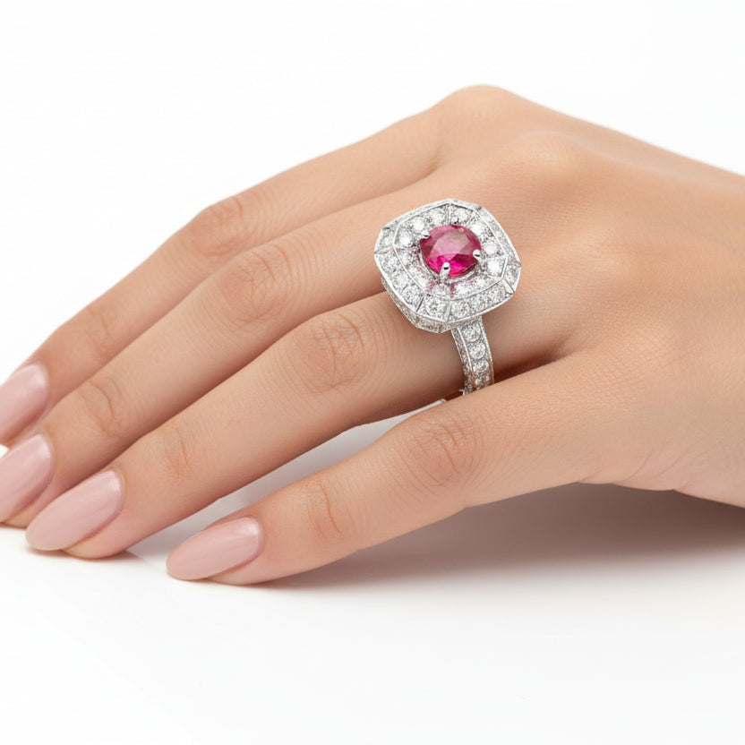 Verona | Inel Rubin Natural 1.20ct si Diamante 0.60ct | Aur Alb 18K