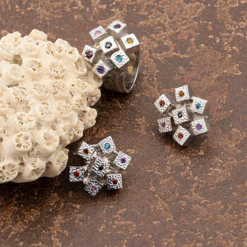 Set of 925 Silver Coral cufflinks with semi-precious stones